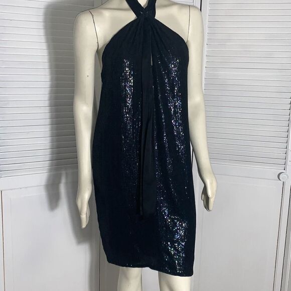 Carmen Marc Valvo - Black Sequin Halter Midi Dress Sz 10 - Picture 1 of 12